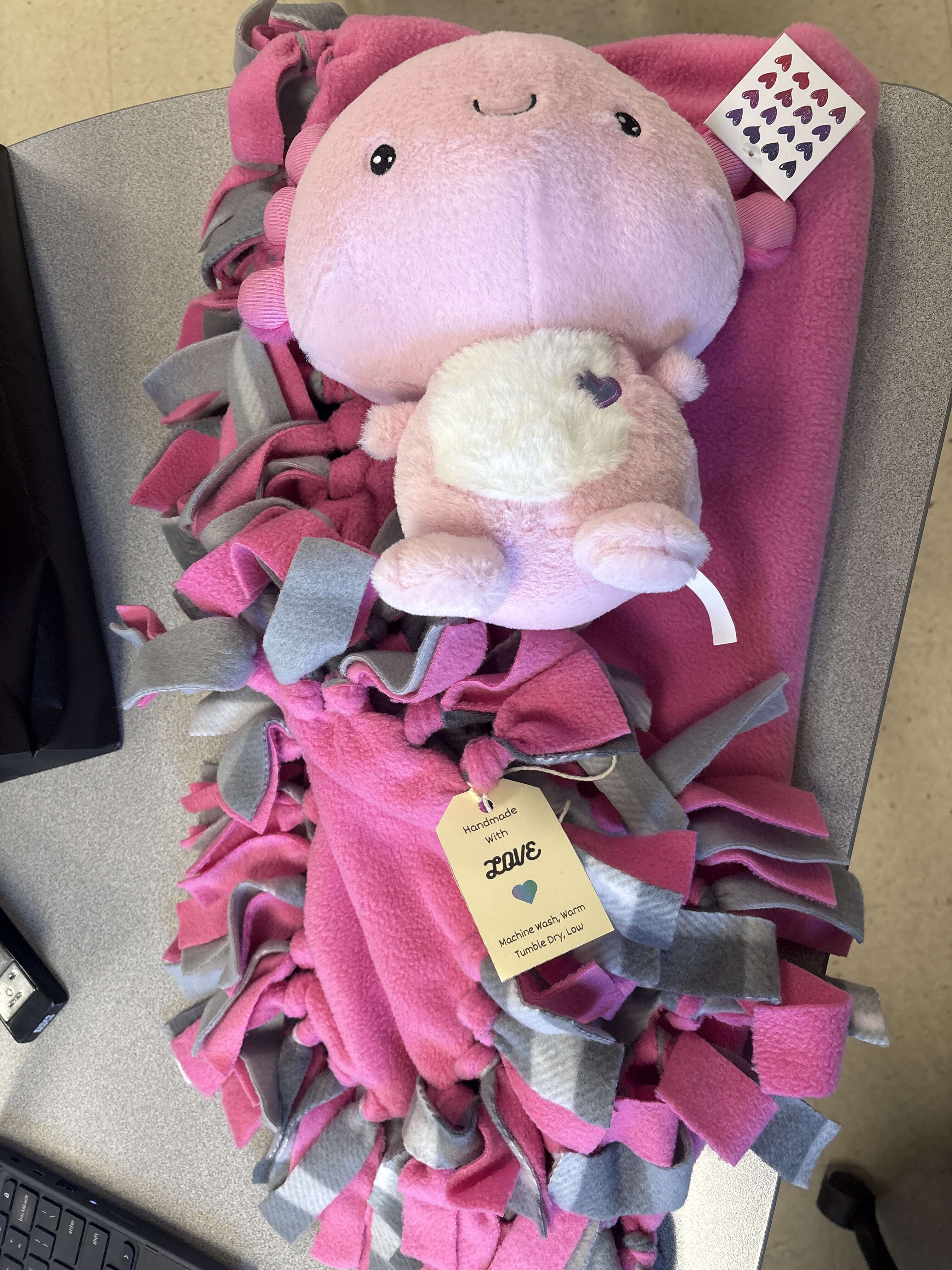 (2 of 2) - Snuggle Time Bundle - Includes Handmade Pink and Plaid Fleece Blanket & Plush Toy