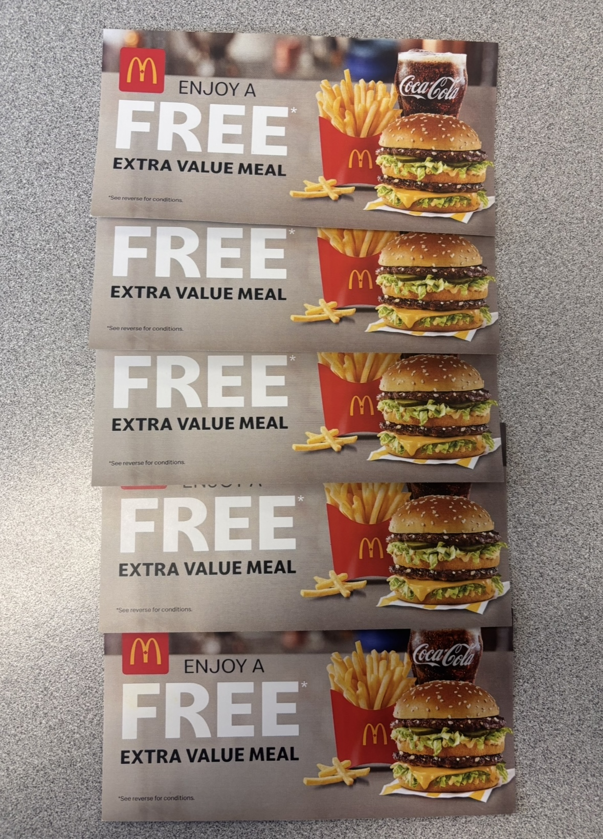 (1 of 4) FIVE McDonalds Extra Value Meals - Choice of Big Mac, Quarter Pounder, Quarter Pounder BLT, McChicken, McWrap, McCrispy, Filet-O-Fish or 6-piece Chicken McNuggets, medium fries & drink