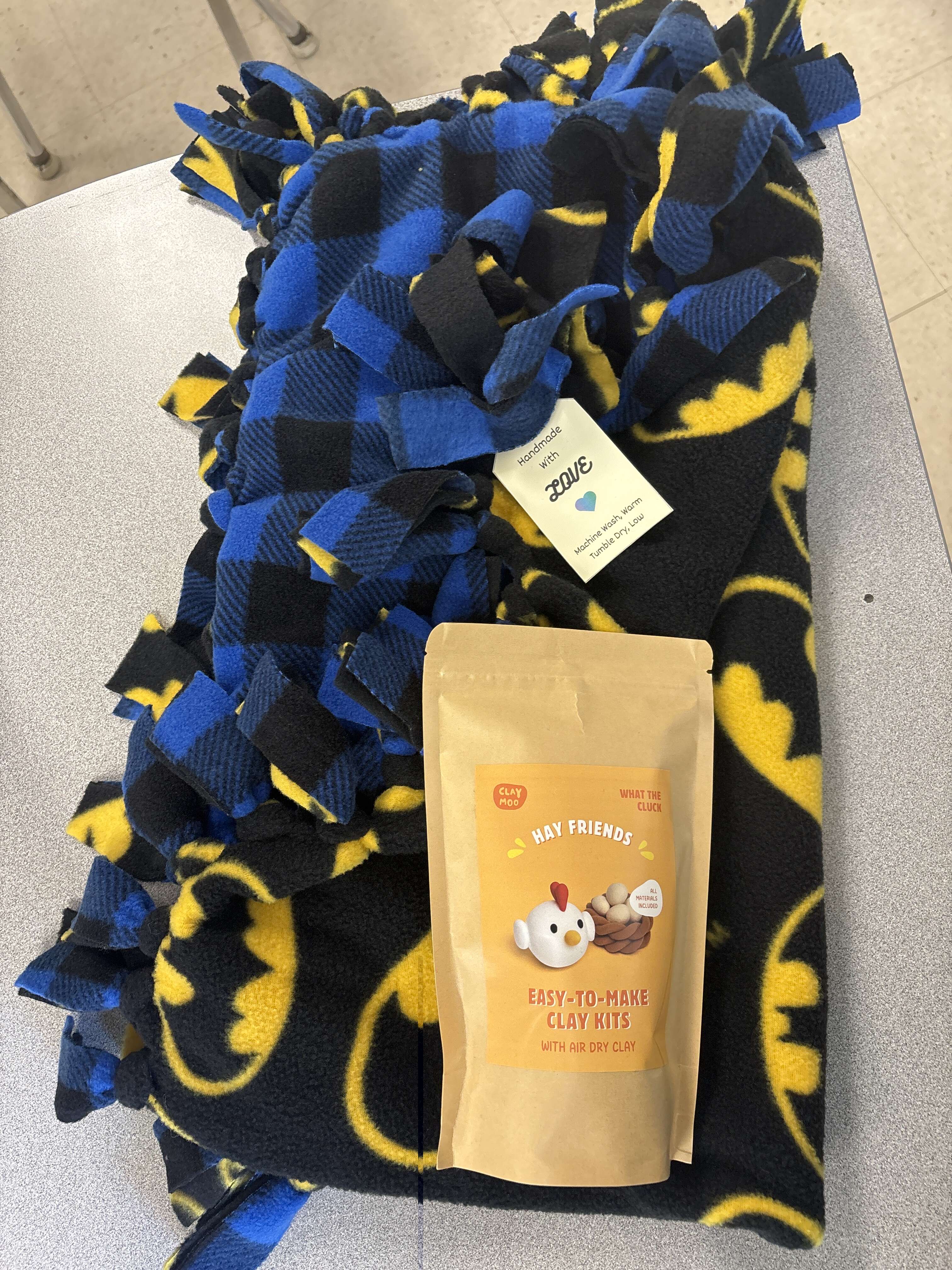 (1 of 2) - Snuggle Time Bundle - Includes Handmade Batman and Plaid Fleece Blanket & Clay Kit