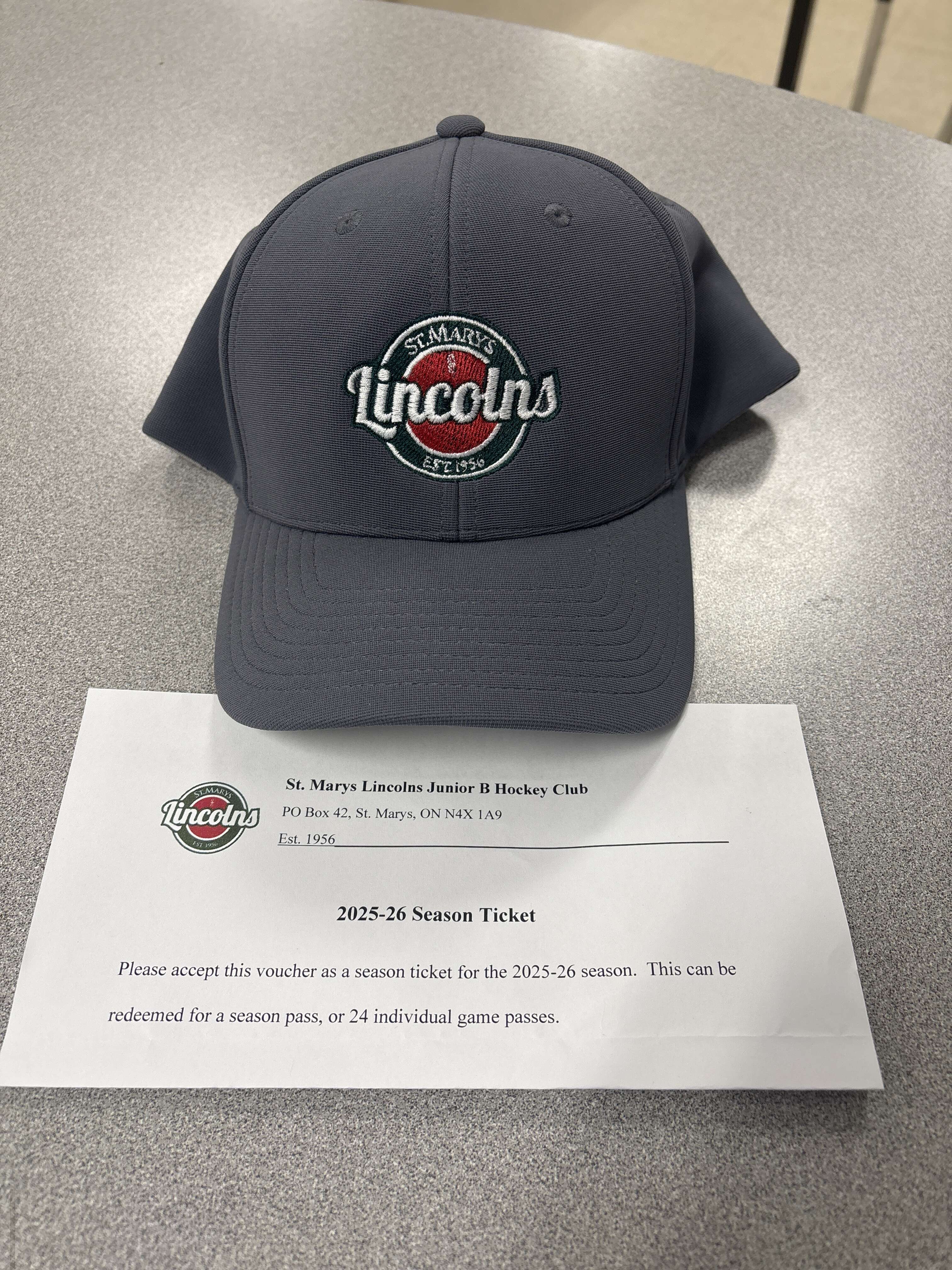 (1 of 2) 2025 - 2026 Season Ticket to the St. Marys Lincolns Season AND a Grey Fitted Lincolns Baseball Hat (Size L-XL)