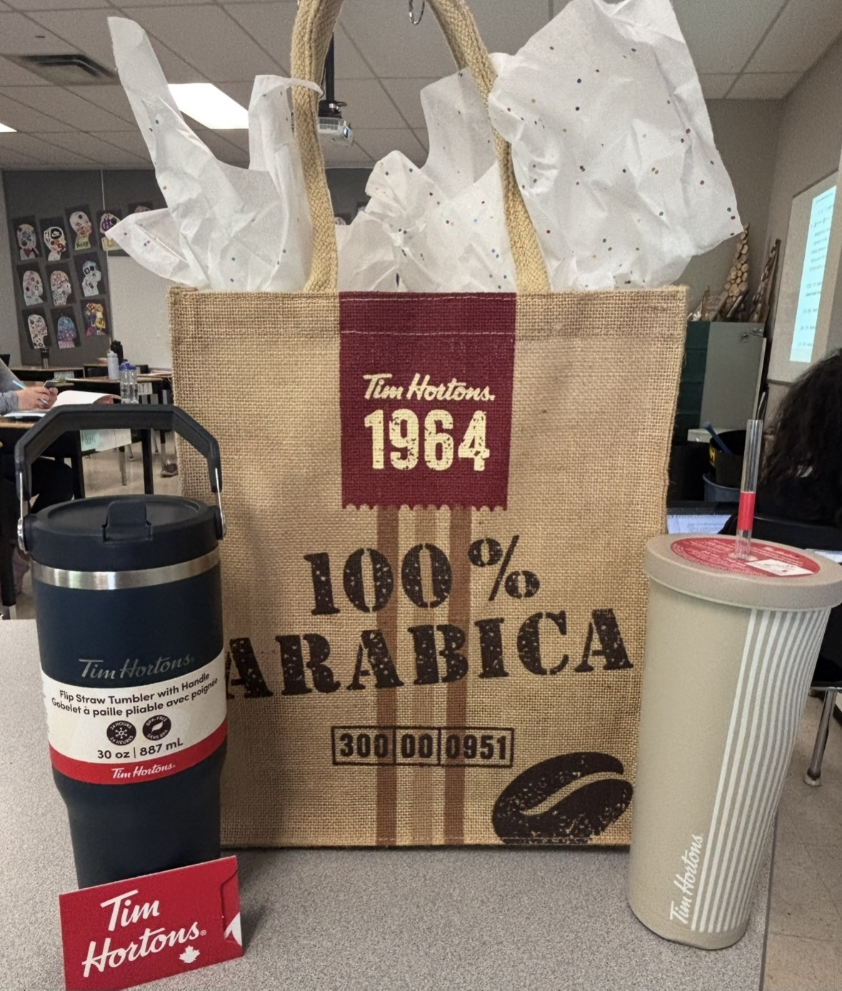 Tim Hortons Gift Package - Includes $50 Tim Hortons Gift Card, a Tim Hortons Flip Straw Tumbler with Handle (Colour: Navy) and a Stainless Steel Tumbler with Reusable Straw (Colour: Beige)
